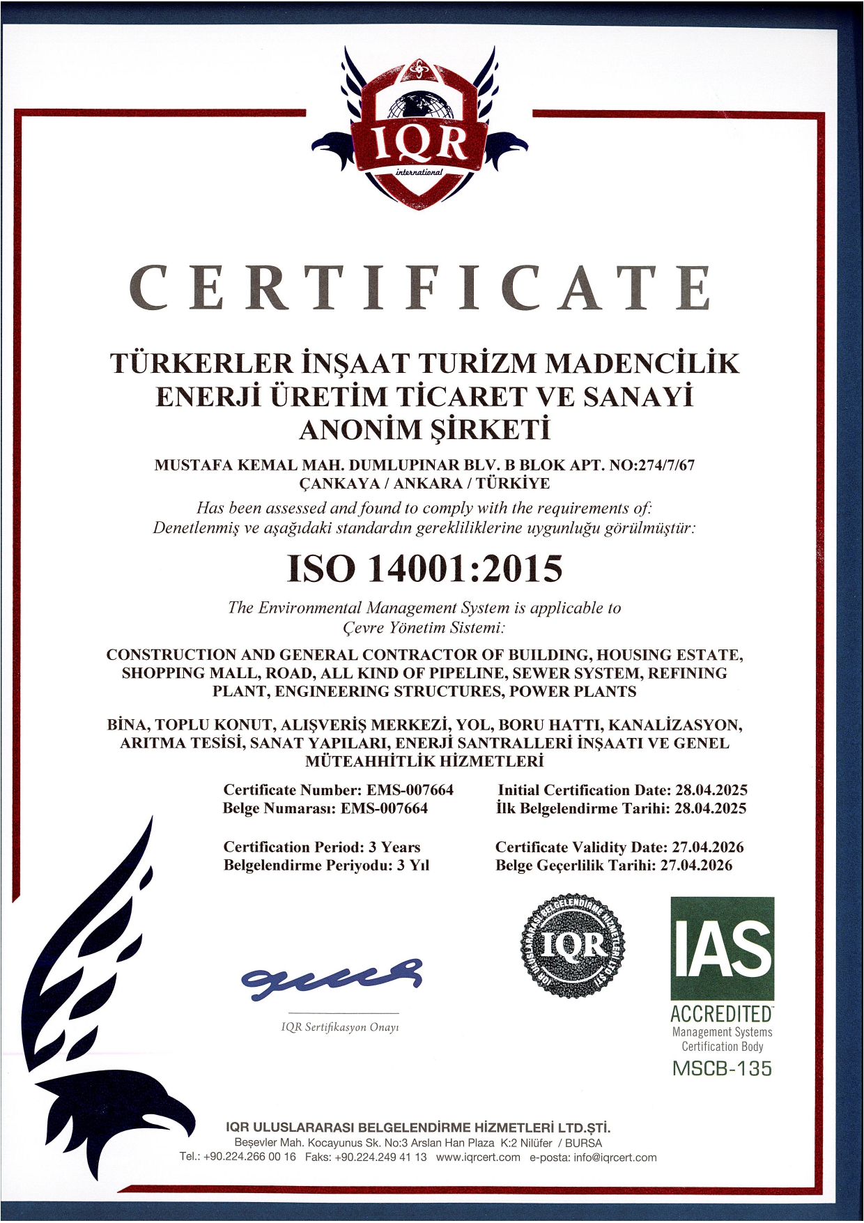 Türkerler Quality Certificate - ISO 14001:2015